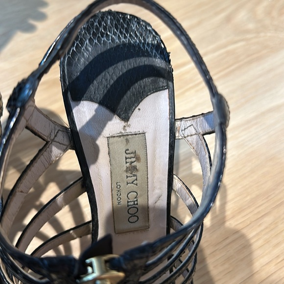 Jimmy Choo black snakeskin zip front platform strappy heels. - Picture 7 of 8